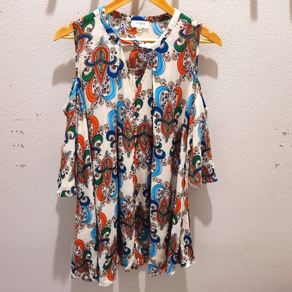 Umgee Boho Colorful Paisley Peasant Babydoll Mini Dress Large Open Shoulder S - Picture 2 of 7